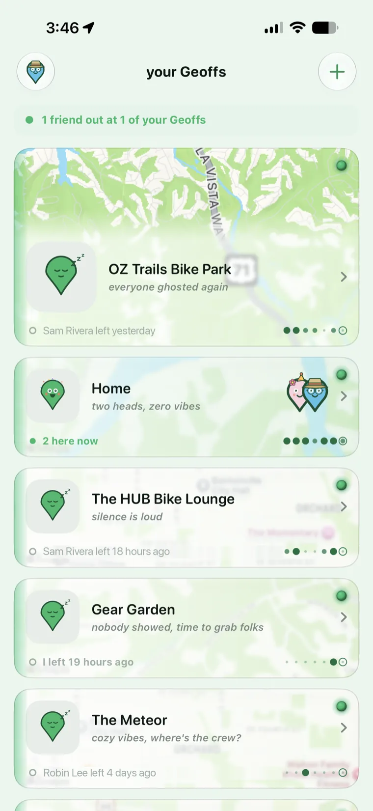 GetGeoff home screen listing saved places, each with the friends currently there.