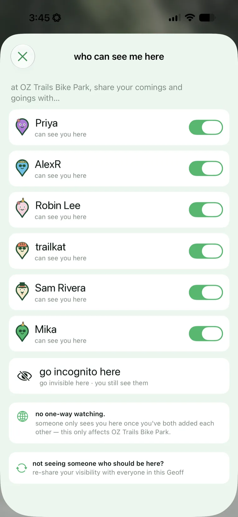 Per-person visibility controls for a Geoff, with a separate toggle for each friend and an option to go incognito.
